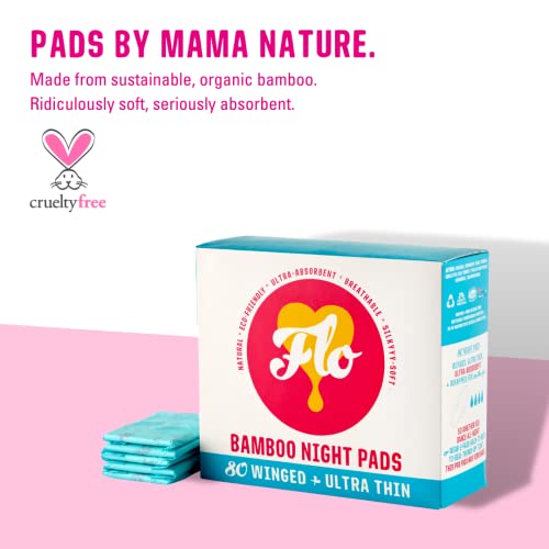Flo - Mega Pack Of Bamboo Night Pads, Winged & Ultra-Thin, Feminine Period Care, Organic Menstrual Products, Plant-Based, Plastic-Free, Sanitary Napkins, Women, Black-Owned, Compostable, 80 Count #TOP2