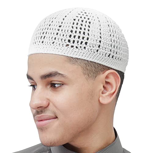 White Kufi Hat Tight & Loose Weave Mix Crocheted Comfortable 100% Cotton Muslim Prayer Cap Kufi Topi Skull Cap (M)