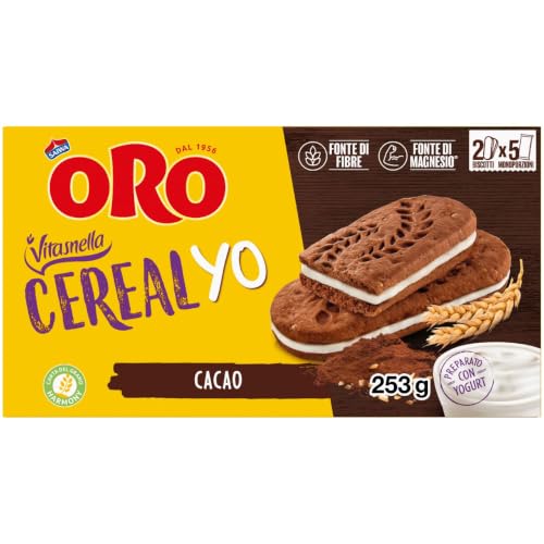 Oro Vitasnella, Cereal Yo On Cacao, Biscotti Ai Cereali E Al Cacao Magro Con Ripieno Morbido Di Yogurt, Fonte Di Fibre E Magnesio, 253g (contiene 5 Monoporzioni Da 50,6g)