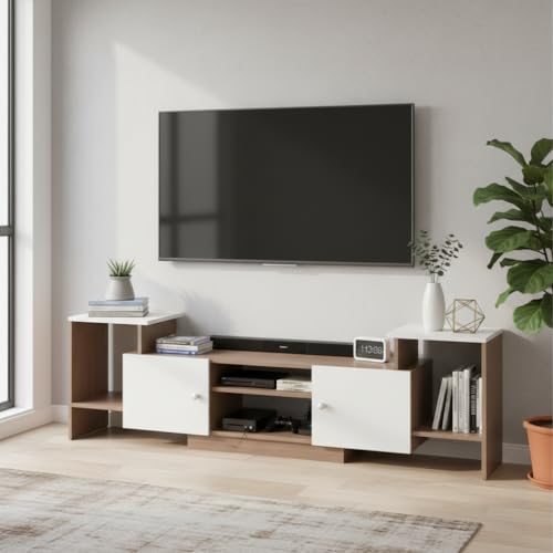 Image of FURNEASER Eptimal Modern Wooden TV Unit for Living Room | Engineered Wood Entertainment Center with Storage | TV Stand for 65 Inch TVs | TV Cabinet with Shelves & Doors (Exotic Teak & White)