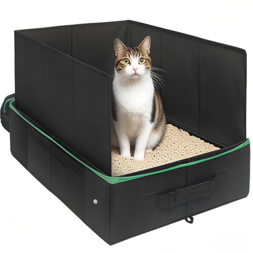 Caja de arena de viaje para gatos de 19.7 x 15.7 x 13.7 pulgadas con escudo elevado impermeable portátil para gatos con tapa para hotel, coche, negocios