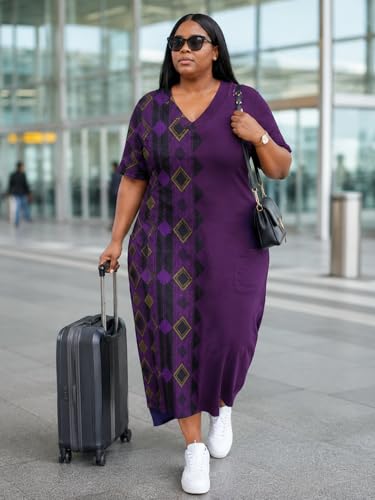 Image of Plus Size Maxi Dress for Women Short Sleeve V Neck Casual Loose Sundress with Pockets