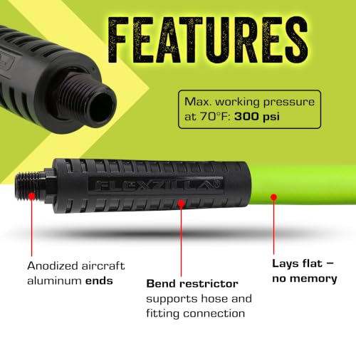 Image of Flexzilla Air Compressor Hose, 3 /8 in. x 50 ft., 1 /4 in. MNPT Fittings, No-Kink, All Weather, Lightweight, Premium Hybrid Polymer, 300 PSI, ZillaGreen