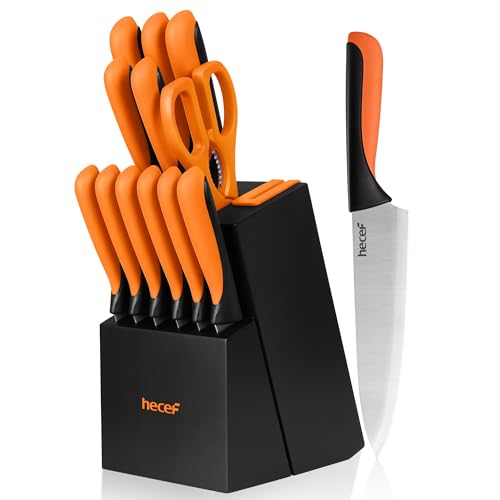 hecef Couteau Cuisine, 13 pièces Bloc de Couteaux avec Affûteur Intégré, Set Couteau Cuisine en Acier Inoxydable avec Couteaux à Steak, Ciseaux de Cuisine (Orange)