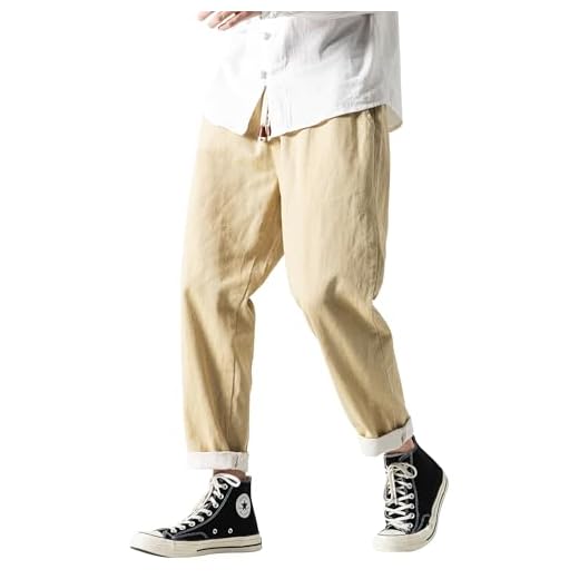 PRIJOUHE Calça jeans masculina com cintura elástica e cordão, casual, elástica, ajuste regular, pernas afuniladas, 06-cáqui, G