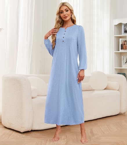 Womens Cotton Long Sleeve Nightgowns Soft Ladies Sleep Shirts Button V Neck Full Length Night Shirts Sleepwear with Pockets2