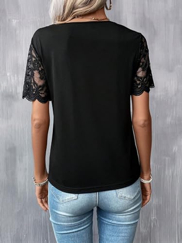 SweatyRocks Women's Lace Scallop Trim T Shirt Short Sleeve V Neck Tank Tee Tops2