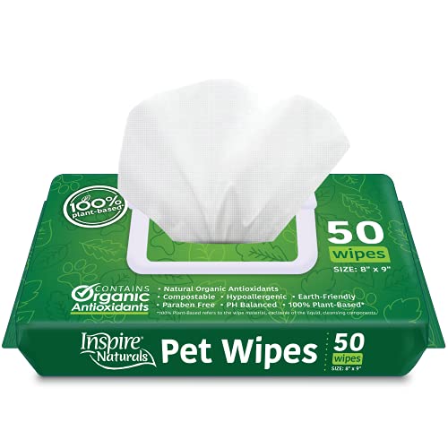 Inspire Naturals Pet Wipes 100% Natural Plant Based with Organic Antioxidants, Dog Wipes Cleaning Deodorizing Cat Wipes | Dog Bath Dog Ear Wipes | Dog Wipes for Paws and Butt (50ct - 1 Pack) Inspire Naturals Pet Wipes 100% Natural Plant Based with Organic Antioxidants, Dog Wipes Cleaning Deodorizing Cat Wipes | Dog Bath Dog Ear Wipes | Dog Wipes for Paws and Butt (50ct - 1 Pack)