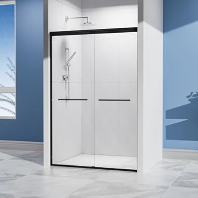 Double Sliding Shower Door 44-48" W x 72" H, Semi-Frameless Glass Shower with 1/4" (6mm) Clear SGCC Tempered Glass, Bathrooms Bypass Door W/Explosion-Proof Film -Matte Black