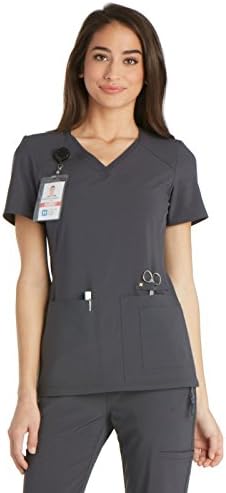 Iflex Scrubs for Women V-Neck Top with Stretchy Knit Side Panels CK605, M, Pewter