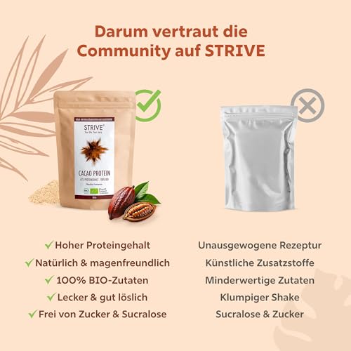 STRIVE CACAO PROTEIN | Vegan | 100% BIO | 500g Natur Eiweiß mit zertifiziertem Bio Kakao | Ohne Süßungsmittel & Aromen | Ohne Soja & Gluten | Mehrkomponenten 4K | Made in Germany DE-ÖKO-039