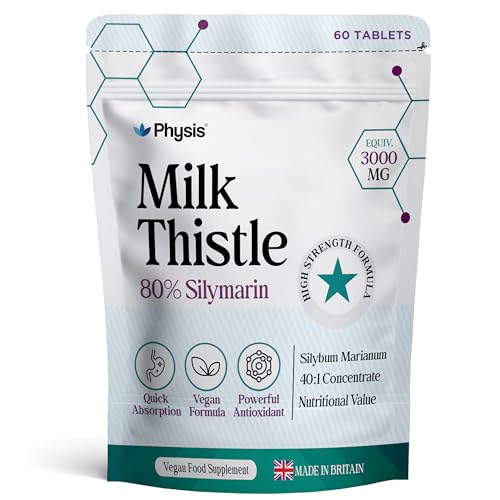 Physis Milk Thistle High Strength | 80% Silymarin | Liver Support Supplements | Milk Thistle Seeds | Vegan Food Supplement | 60 x Tablets | Made in Britain