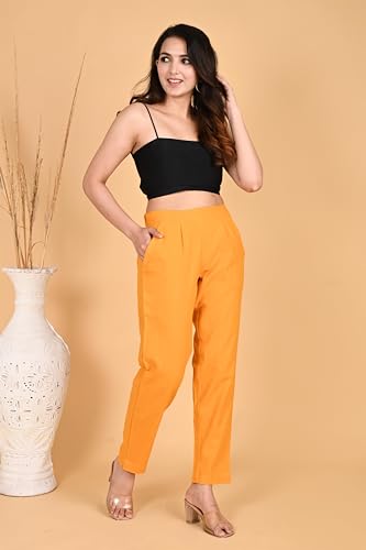 Image of Women's Solid Straight Fit 100% Cotton Trousers | High Waist, Side Pockets, Ankle Length Pants for Office, Casual