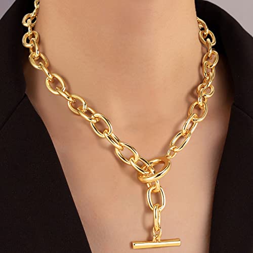 Toggle Gold Chain Necklace Women: 14K Gold Plated Cable Chain Clasp Dainty Simple Circle Link Bar Pendant - Silver Paperclip Cool Adjustable Modern Trendy Fashion Jewelry For Girls Teens Women Men (Gold) #TOP2