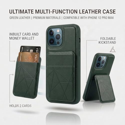 Image of amazon basics Premium Vegan Leather Back Cover with Card Holder and Integrated Mobile Stand for iPhone 12 Pro Max - Slim Shockproof Wallet Case with Geometric Stitching [Green]