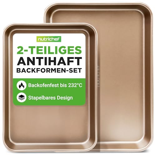 NutriChef Backblech Set 2-teilig – Antihaft 40x28 cm & 35.5x24.6 cm, goldfarbig PFOA-frei, ofenfest bis 232 °C, stapelbar, spülmaschinengeeignet, ideal für Meal Prep & Aufläufe