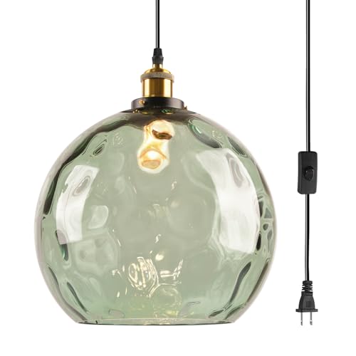 Pobllem Plug in Vintage Pendant Light Green Glass Boho Hanging Swag Lamp with 13.8-inch Hammered Glass Globe Large Plug in Light Fixture Ceiling Hanging for Kitchen Dining Room Living Room by Pobllem - Used condition - US$101.06