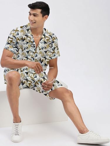 Image of Amazon Brand - Anarva Mens Camouflage Printed Co-ord Set | Half Sleeve Shirt and Shorts Set | Casual Summer Outfit for Beach, Travel, Vacation -
