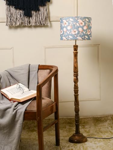 Image of Green Girgit Brown Color Small Wooden Floor Lamp with Blue Flowers Multicolor Lamp Shade, Vintage Floor Lamp with Carved Wooden Stand and Floral Shade, Traditional Standing Light (LED Bulb Included)