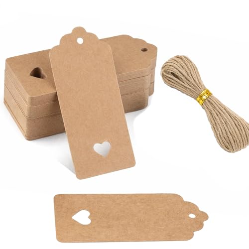100 Pcs Kraft Paper Gift Tags, Brown Heart Tags for Gift, Kraft Paper Tag with 20M Jute Twine String for Valentines, Christmas, Wedding, Thanksgiving, Crafts, Luggage, Name Labels (Brown)