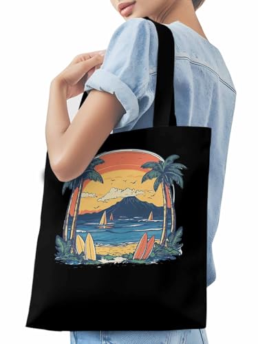 Canvas Tote Bag, Ocean Surf Sunset Mountain Coconut Tree patterned Canvas Tote Handbags for Women Shoulder Bag,3