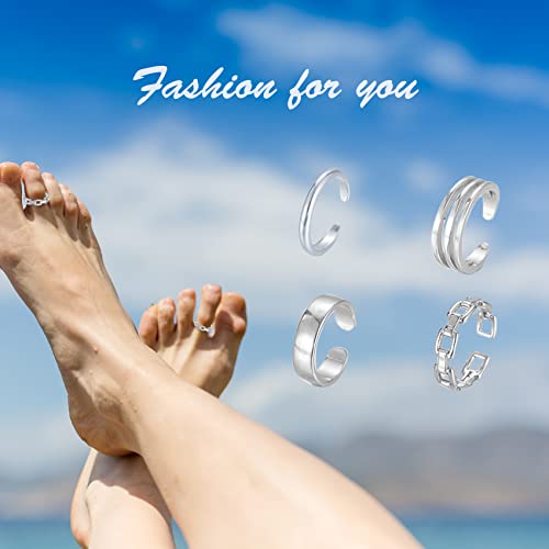 Pwueitr 4Pcs/1Set Adjustable Gold Silver Toe Rings For Women Knuckle Tail Ring Simple Summer Beach Open Toe Rings Set Foot Jewelry,Silver #TOP4