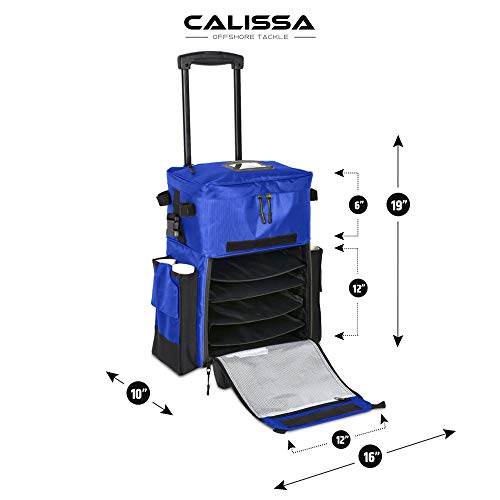 CalissaOffshore® Large Rolling Tackle Box with Wheels, Waterproof Fishing Tackle Box Backpack with Rod Holders Storage Bag Roller Fishing Tackle Box with Tackle Trays - Fisherman Gifts for Men (3600 Medium Blue)