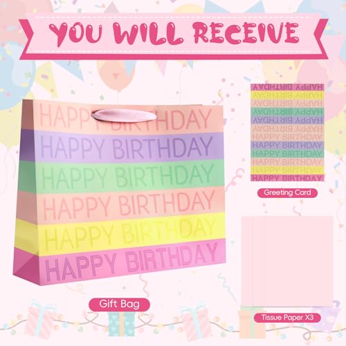 Image of JMANNI Large Happy Birthday Gift Bag with Tissue Papers and Greeting Card, Portable Paper Gift Bags with Handles, Present Bags for Women Girls Birthday Party Supplies 13 inch x 10.2 inch x 4.7 inch(Colorful)