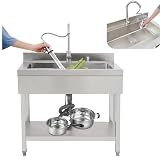 Mqwdxzfes Lavabo indipendente in acciaio inox, grande lavello singolo con scolapiatti e rubinetto estraibile, per cucina commerciale (90 x 60 x 80 cm, argento)
