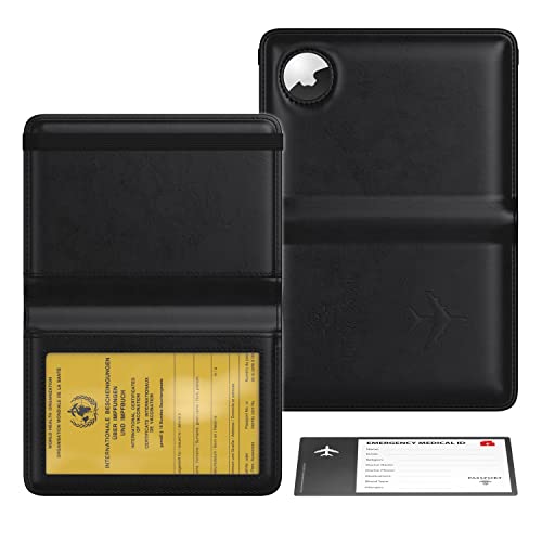 Couverture de Passeport Porte de Vaccination Stouchi Airtag Portefeuilles de Passeport, Porte Passeport en Similicuir Étui de Protection pour Femmes Hommes Documents de Voyage Cadeau Porte Cartes Noir