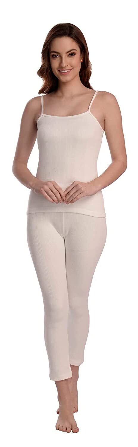 ELEG & STILANCE Women's Cotton Thermal Spaghetti Top for Women Thermal Set for Women/Ladies/Girls Winter (X-Large, White Top & Bottom)