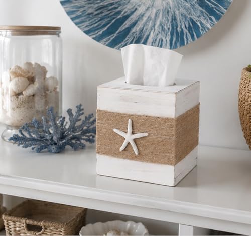 SOMTO Beach Starfish Rustic White Wood Square Tissue Box Cover with Slide-Out Bottom Panel - Farmhouse Bathroom Decor Tissue Box Holder for Living Room, Desk, Bedroom, Bathroom by SOMTO - Used condition - Image 7