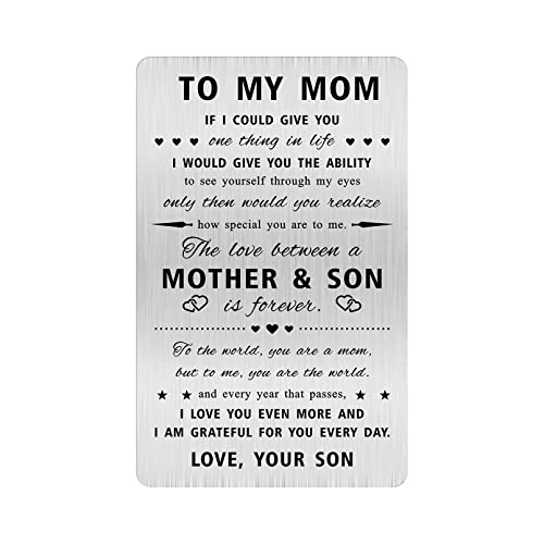 Alotozo Laser Engraved Stainless Steel Card for Mom - Mother's Day Gifts from Son - Mother Son Gift, Credit Card Size Keepsake