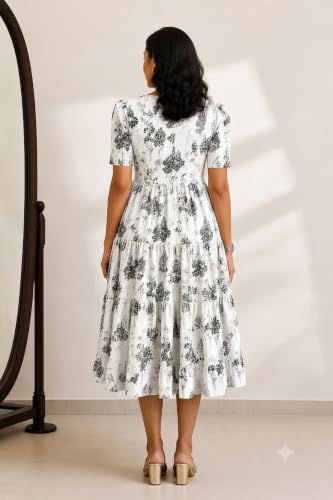 Image of Women's Rayon A-Line Midi Dress, Floral Print, Short Sleeves, Tiered Design, Round Neck, for Summer Wear