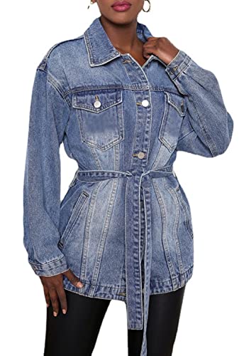 CHARTOU Women's Chic Lapel Collar Belted Button Down Washed Midi Denim Jacket Tops2