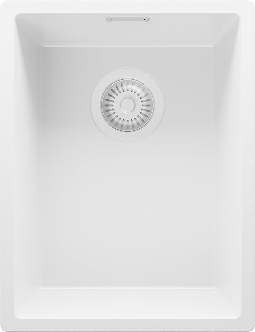 PRIMAGRAN Lavello da Cucina Tutto Bianco 36x47cm, Lavandino in Granito a 1 vasca + Sifone Classico, Lavabo da Cucina Incasso al Mobile 40cm - London Slim S034