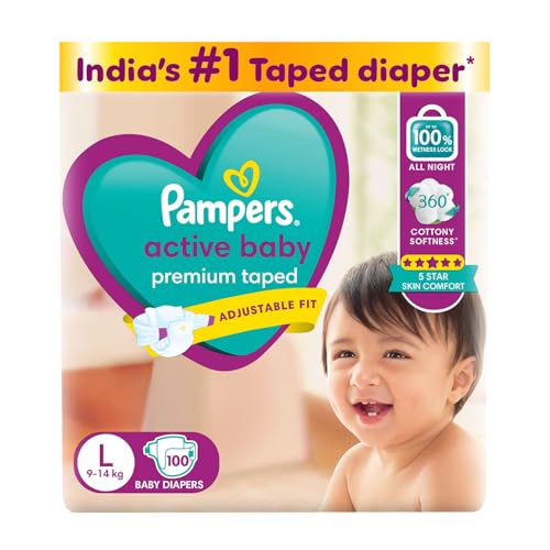 Image of Pampers Active baby Tape Style Baby Diapers, Large (L), 100 Count, 9-14 kg, Adjustable Fit with 5 Star Skin Protection