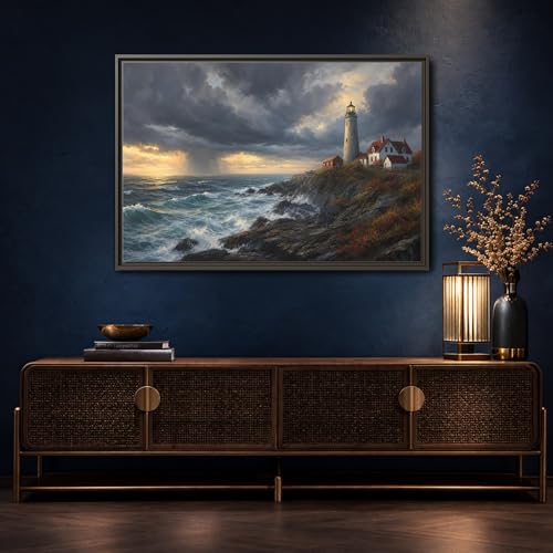 Tableau tempête phare d'écume cadre blanc 60x40 cm - 4