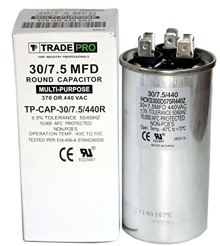 30 + 7.5 mfd Dual Capacitor, Industrial Grade Replacement for Central Air-Conditioners, Heat Pumps, Condenser Fan Motors, and Compressors. Round Multi-Purpose 370/440 Volt - by Trade Pro
