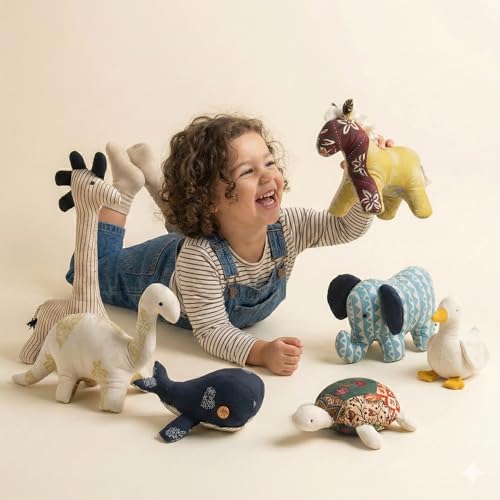 Image of Novo Baby Hand-Sewn Plush Toys - Soft Toy Set for Baby Girl & Boy | Recycled Fabric Stuffed Animal Toys | Eco-Friendly, Artisan-Made Soft Toys for Kids & Toddlers (Pack of 7)