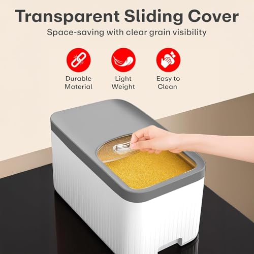 Image of Rioware Rice Storage Container- 5Kg+5Kg (Set of 2) Kitchen Dispenser Set Containers | Airtight Moisture Proof Plastic Grain Dispensers | Rotating Daal Store Box - Greyish White Ricelux