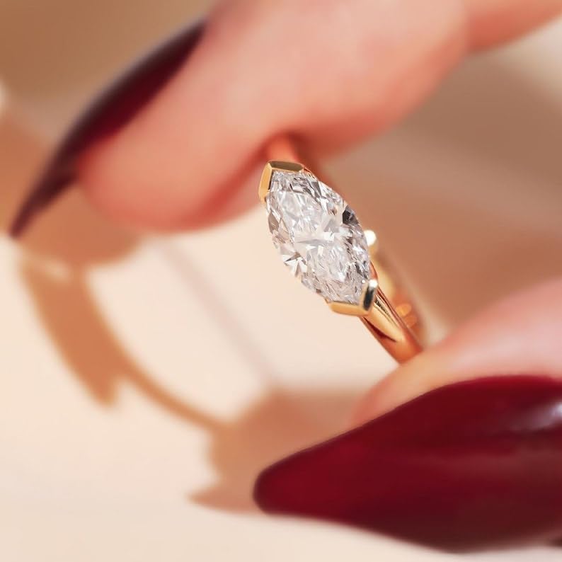 10x5 MM Marquise Cut Moissanite Solitaire Ring, 14k Solid Yellow Gold Wedding Band, East to West Marquise Engagement Ring, Semi Bezel Set Ring2