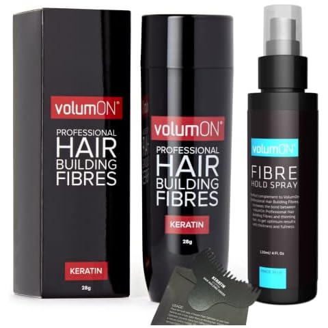 Hair Fibres VOLUMON Keratin Hair Building Fibres for Thinning Hair - Instantly Conceals Thinning Areas for Fuller Thicker Hair - For Men & Women 28g + Fibre Hold Spray & Optimiser (Grey) Cover