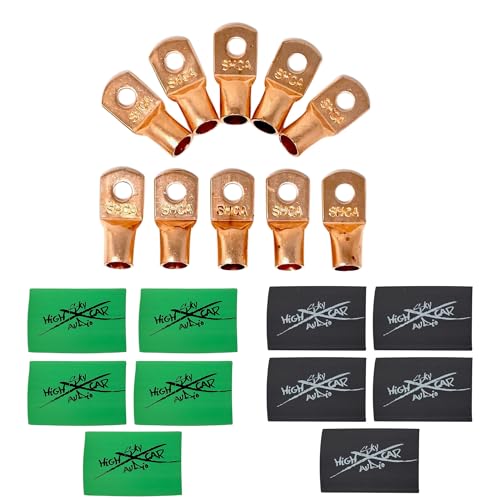 Sky High Car Audio (10) 1/0 Gauge Copper Ring Terminals 3/8" Green/Black Heat Shrink Tubing LUGS