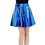 Imported LaoZanA Femme Jupe Patineuse Extensible Métallisée Shiny Jupes en Cuir PU Bleu S