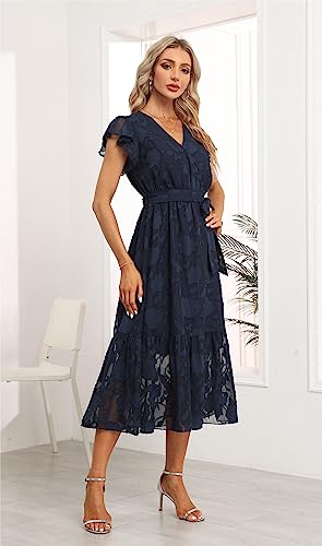 Image of VintageClothing Womens Sundress Casual Floral Summer Boho Dress | Flowy Wrap V Neck Ruffle A-Line Pleated Hem Midi Dresses