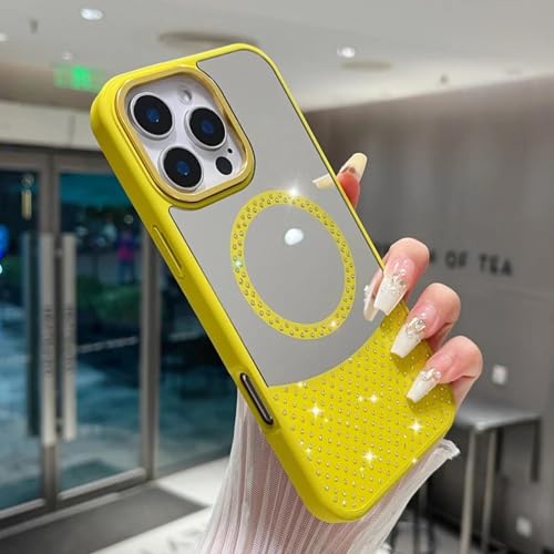 Coque silicone iPhone 15 jaune avec miroir intégré et strass brillants