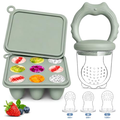 Orliver Fruchtsauger Baby Silikon mit Gefrierform Baby Food Feeder & Obstsauger BPA Frei für Früchte Muttermilch und Brei Beißring zur Linderung beim Zahnen 3 Silikonsauger ab 4 Monaten (Sage)