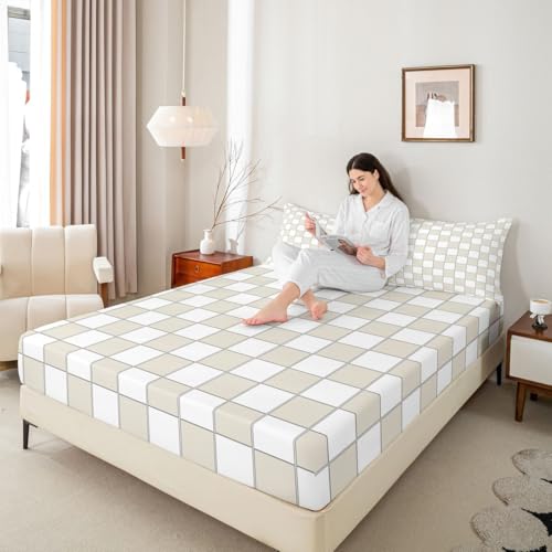 Image of Erosebridal Plaid Bed Sheets Full Beige White Checkerboard Sheet Set Geometric Checkered Bedding Set for Kids Boys Girls,Aesthetic Grids Fitted Flat Sheets 4 Piece