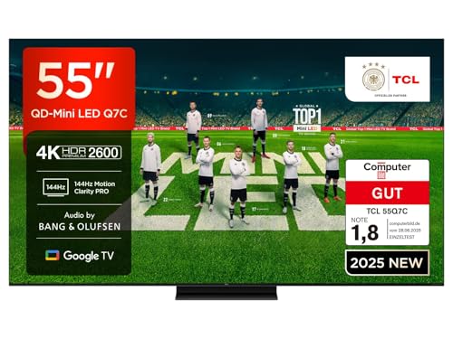 TCL 55Q7C QLED Mini LED Fernseher, 55 Zoll, 4K HDR Premium, Dolby Vision IQ & Atmos, Smart TV mit Google TV, Bang & Olufsen 6.2.2 Sound, 144Hz VRR, AMD FreeSync Premium Pro, HDMI 2.1, AirPlay 2, Alexa